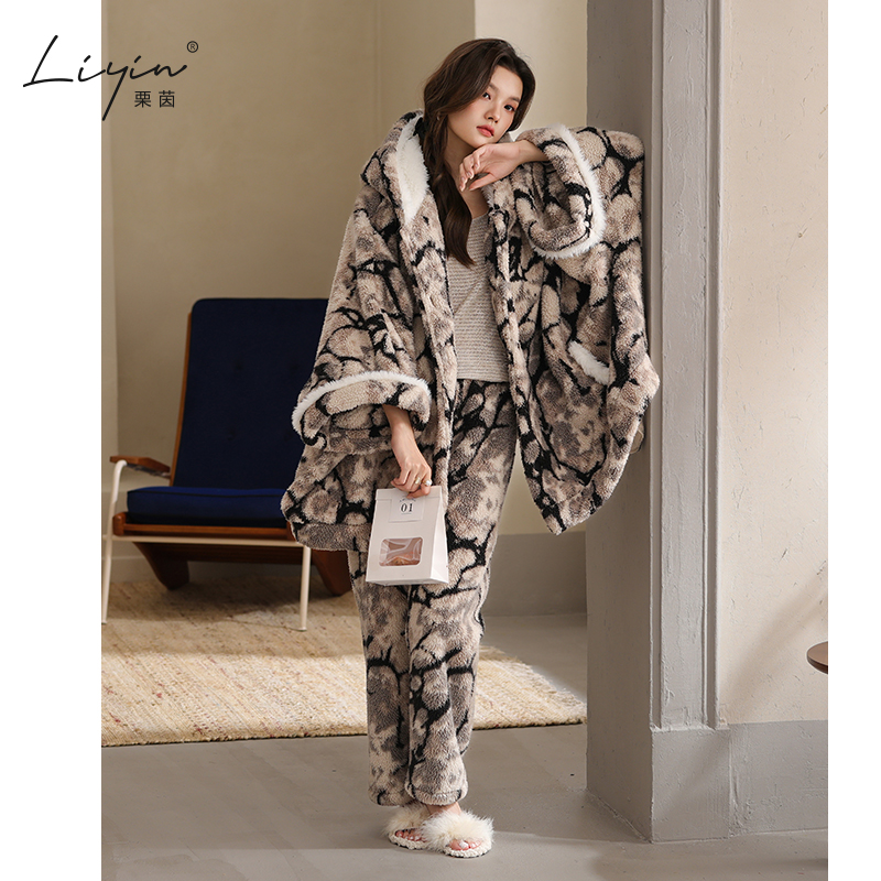 栗茵原创冬季羊羔绒女士睡衣韩系加厚保暖可外穿珊瑚绒家居服套装