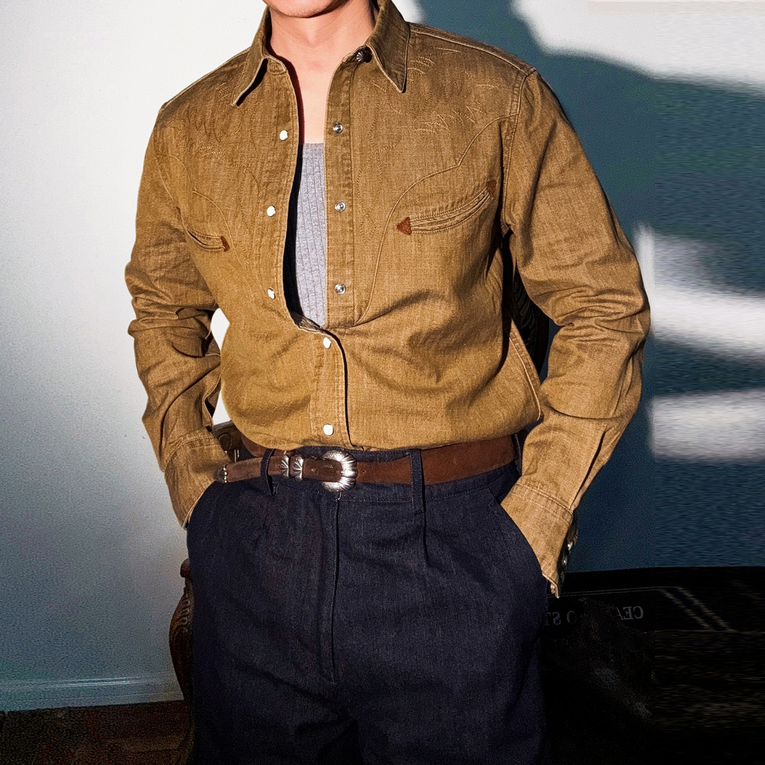 美式复古开口笑口袋刺绣西部衬衫8.5OZ全棉水洗做旧工装长袖衬衣