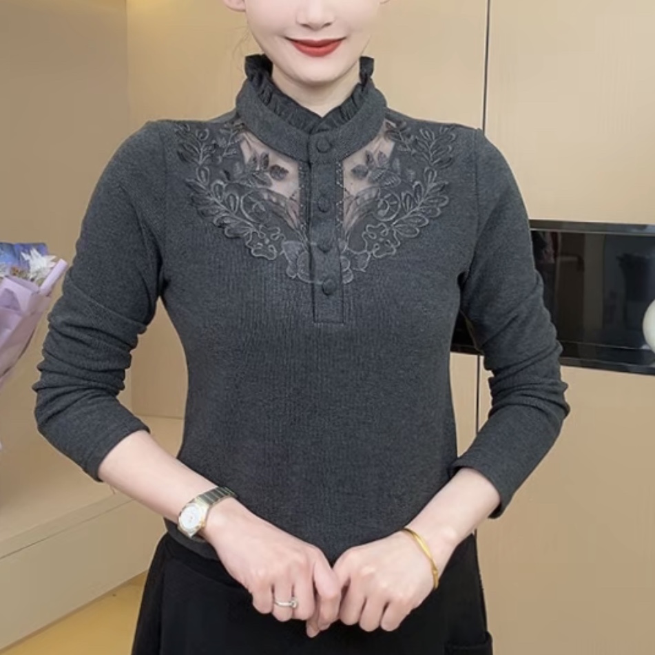 2025冬季女装双面绒新款蕾丝气质上衣花边领百搭显瘦打底衫上衣