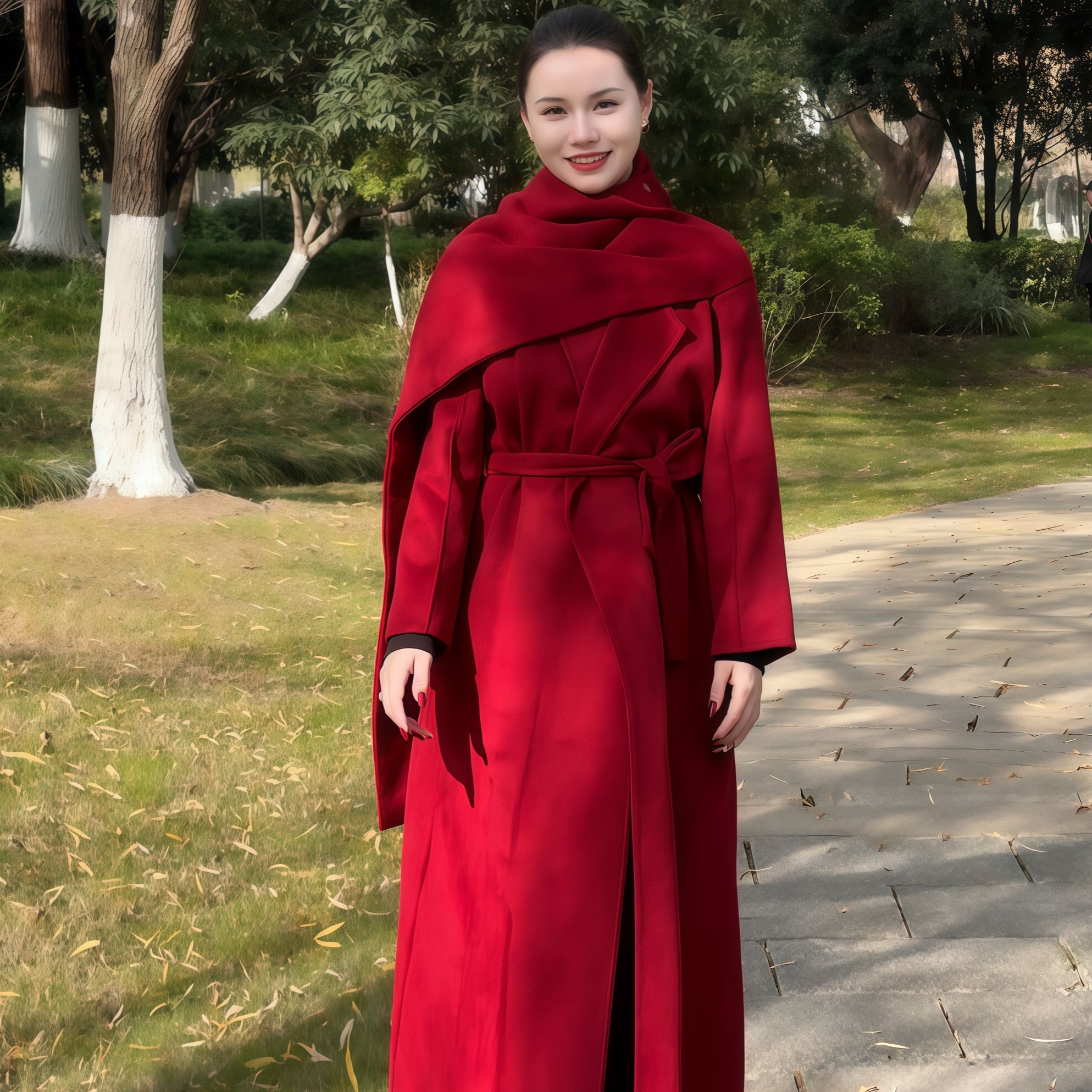 SK女装红色围巾氛围感长款秋冬女羊绒羊毛外套纯色女士百搭气质