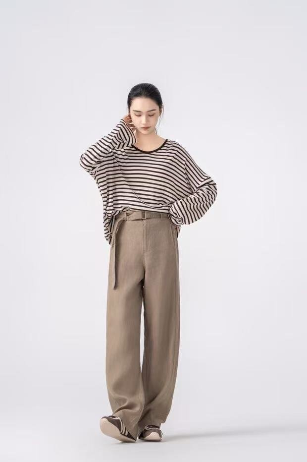 【就很帅】日韩休闲中等无弹卡其色长裤高腰显瘦宽松百搭牛仔裤