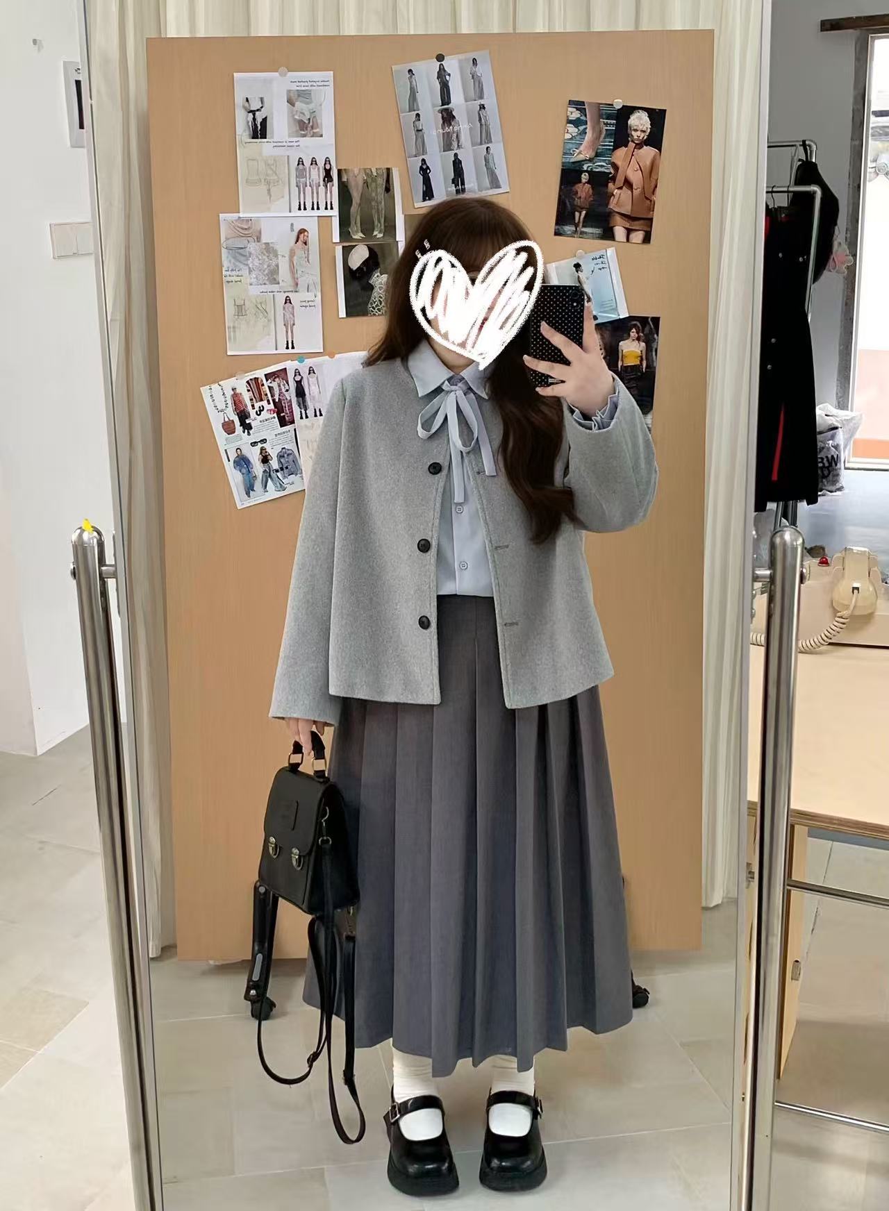 【胖欣欣家】灰色毛呢百褶裙女秋冬新款大码显瘦三件套学院风套装