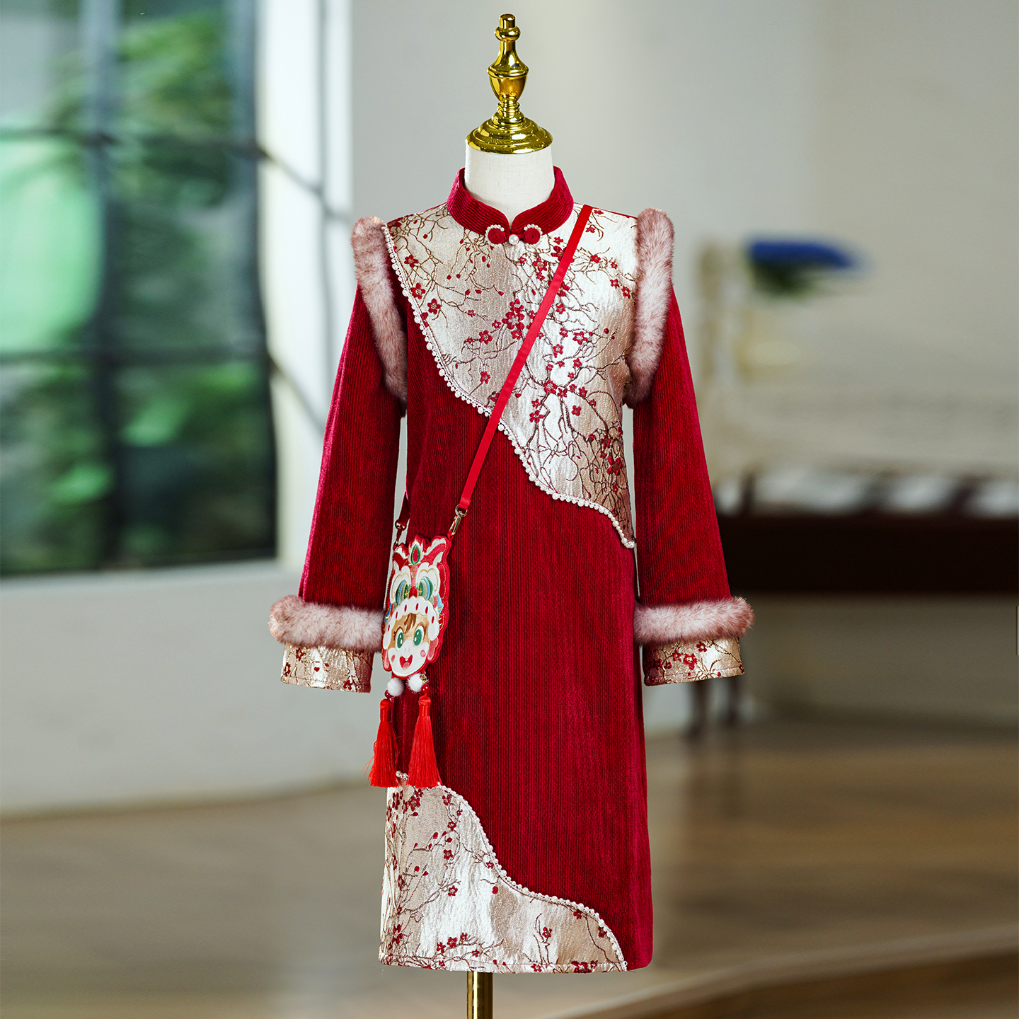 旗袍女童2025新款拼色儿童旗袍女孩连衣裙过年喜庆拜年服加绒加厚