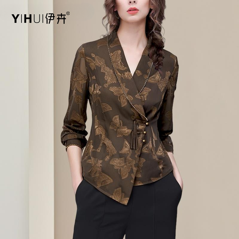 YIHUI伊卉春季剪花雪纺衫上衣女西装领收腰打底衫洋气SC255589