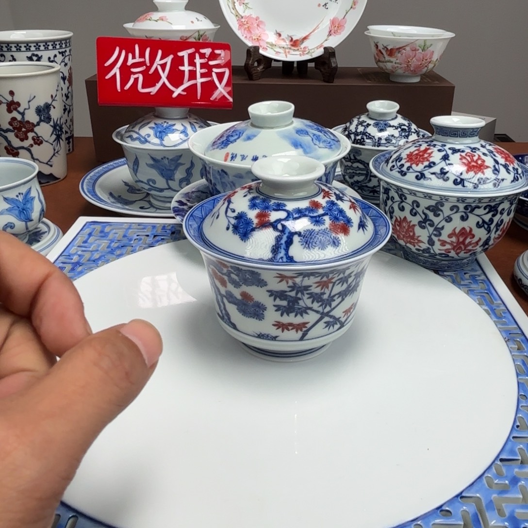摆件陶微瑕松竹梅盖碗景德镇发货