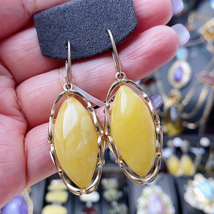 琥珀耳饰银S925镶嵌耳环