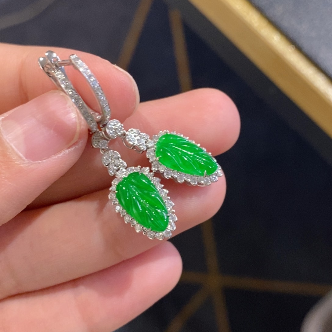 翡翠耳饰18K金镶嵌天然缅甸A货翡翠