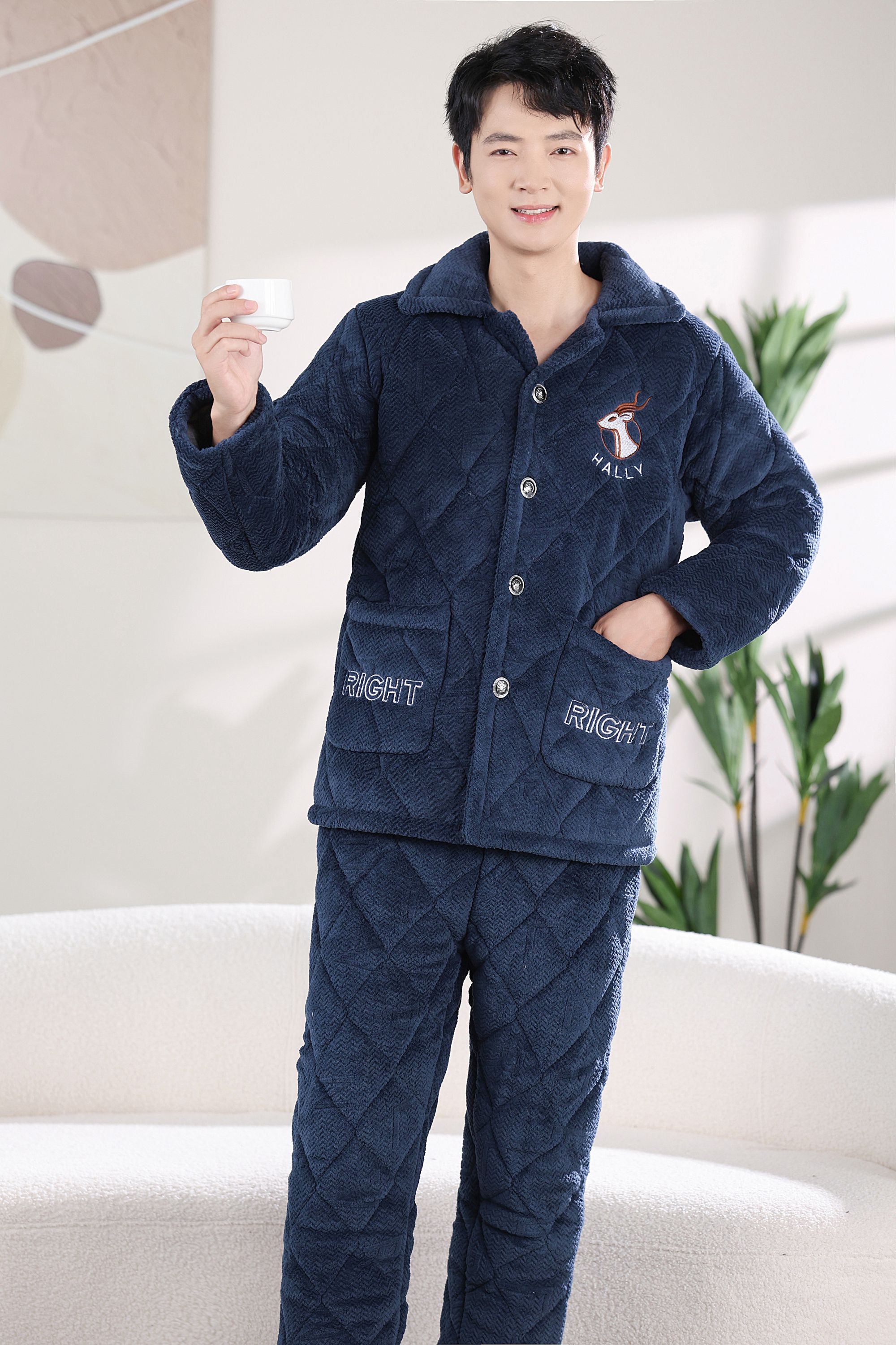 男士冬季睡衣三层夹棉加厚保暖毛领蛋糕绒家居服套装家居服