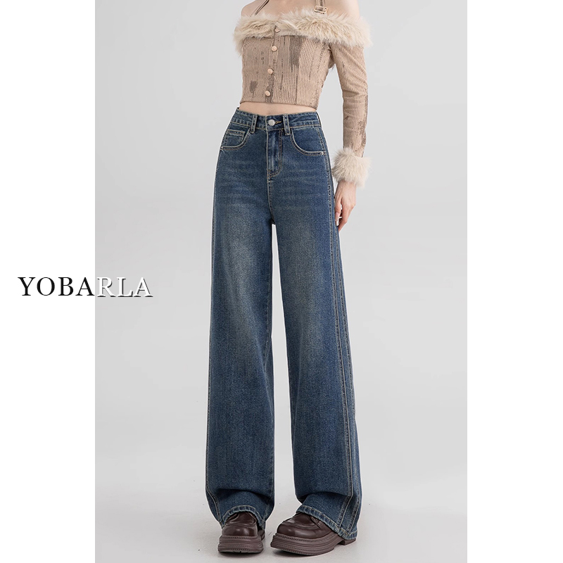 蓝色高腰直筒牛仔裤女春季新款大码宽松显瘦梨形身材拖地阔腿裤子