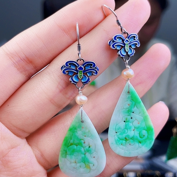 翡翠耳饰银S925镶嵌饰品