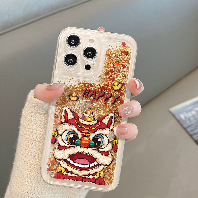 醒狮适用苹果16promax流沙手机壳15透明防摔14新年发财13高级感12
