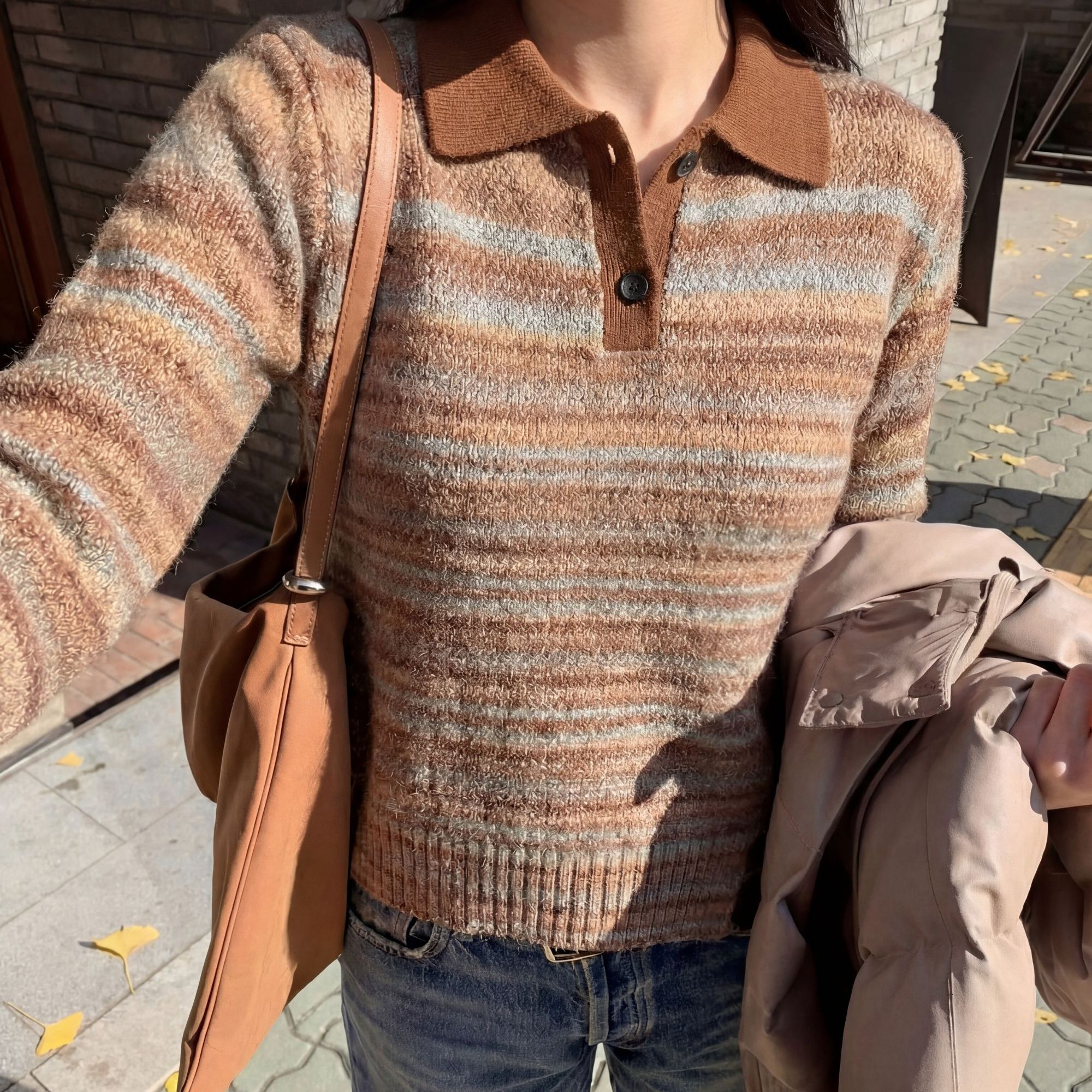 CocoHerben秋冬款翻领长袖复古条纹衫宽松型休闲针织毛衣HBT0886