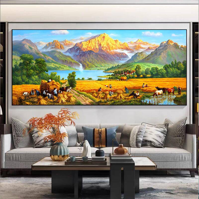 背靠金山山水横幅画客厅沙发背景壁画办公房晶瓷立体镶钻装饰挂画