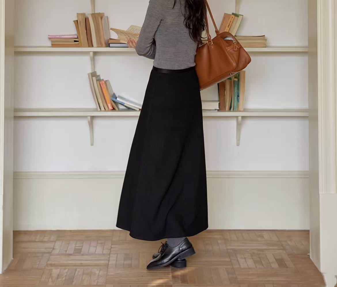 【毛呢大摆裙】 80伞裙秋冬毛呢料料半身裙黑色高腰法式中长款