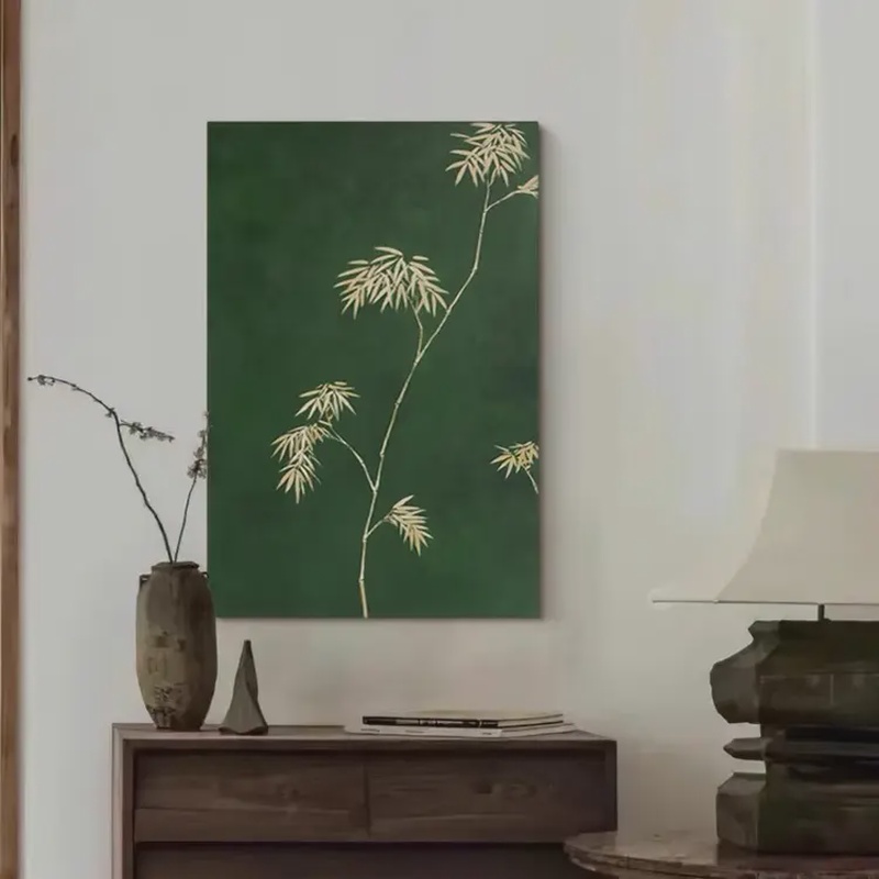 新中式挂画客厅轻奢中古风装饰画竹子艺术壁画玄关高级感砂岩画