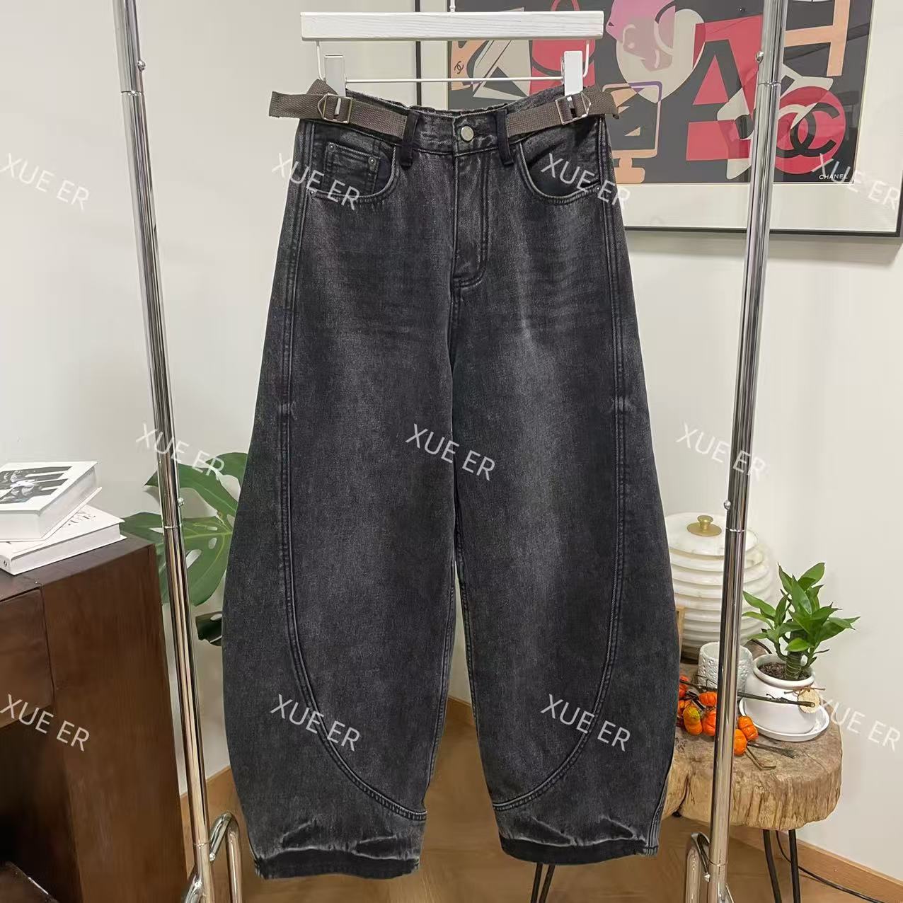 雪儿X71159冬款加绒加厚腰头设计感阔腿牛仔裤复古黑弯刀裤子