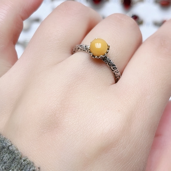 蜜蜡戒指银S925镶嵌天然