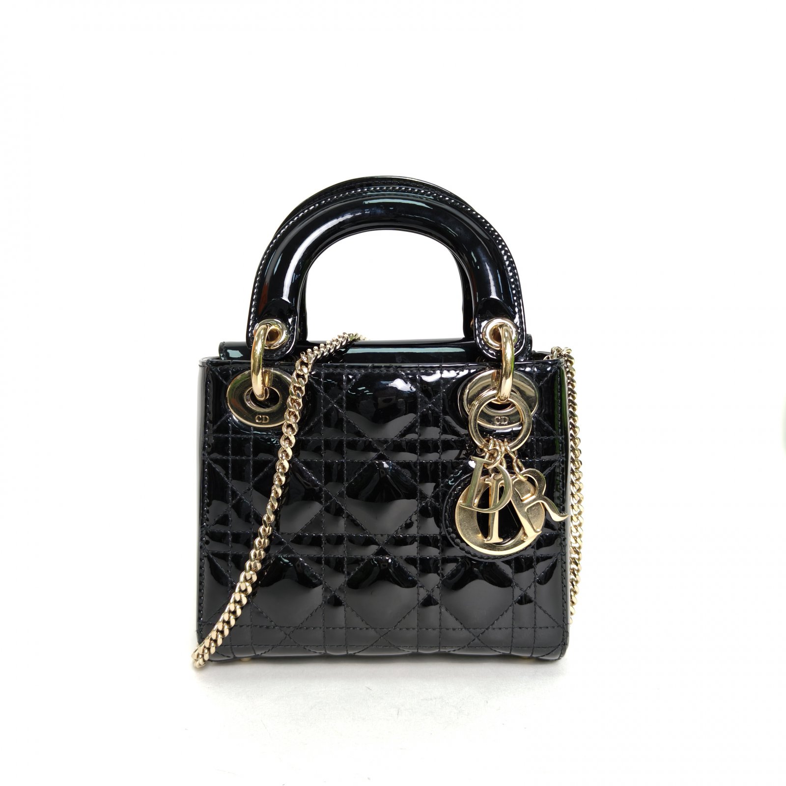 95新 DIOR/迪奥 【娇】戴妃包 三格 黑色 漆皮 金扣 2019 825508