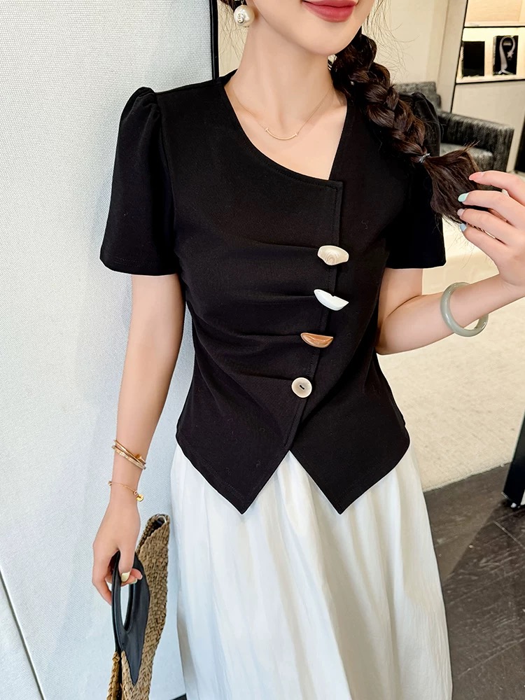 25067#显瘦短袖修身斜领常规T恤夏季气质时尚不规则小众设计感T