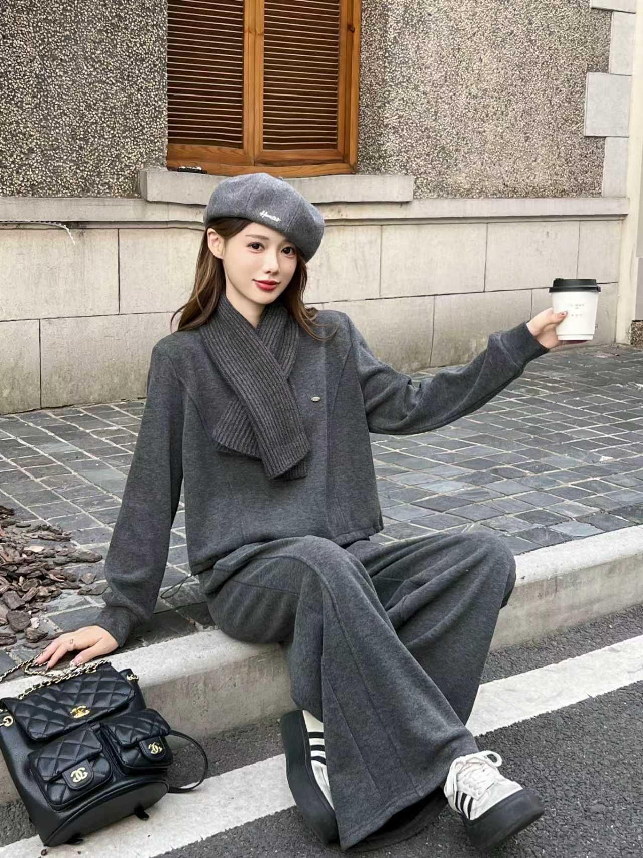 (XI ZI女装)#67089【裤长100衣长50】休闲加绒加厚卫衣+阔腿裤套装