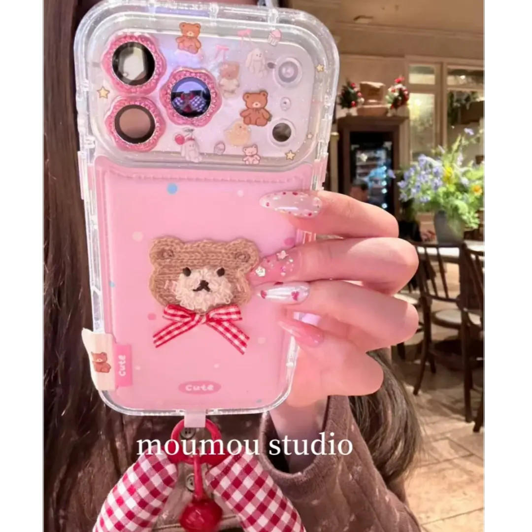 少女粉蝴蝶结小熊手绳适用iPhone17promax苹果17pro手机壳16pro15