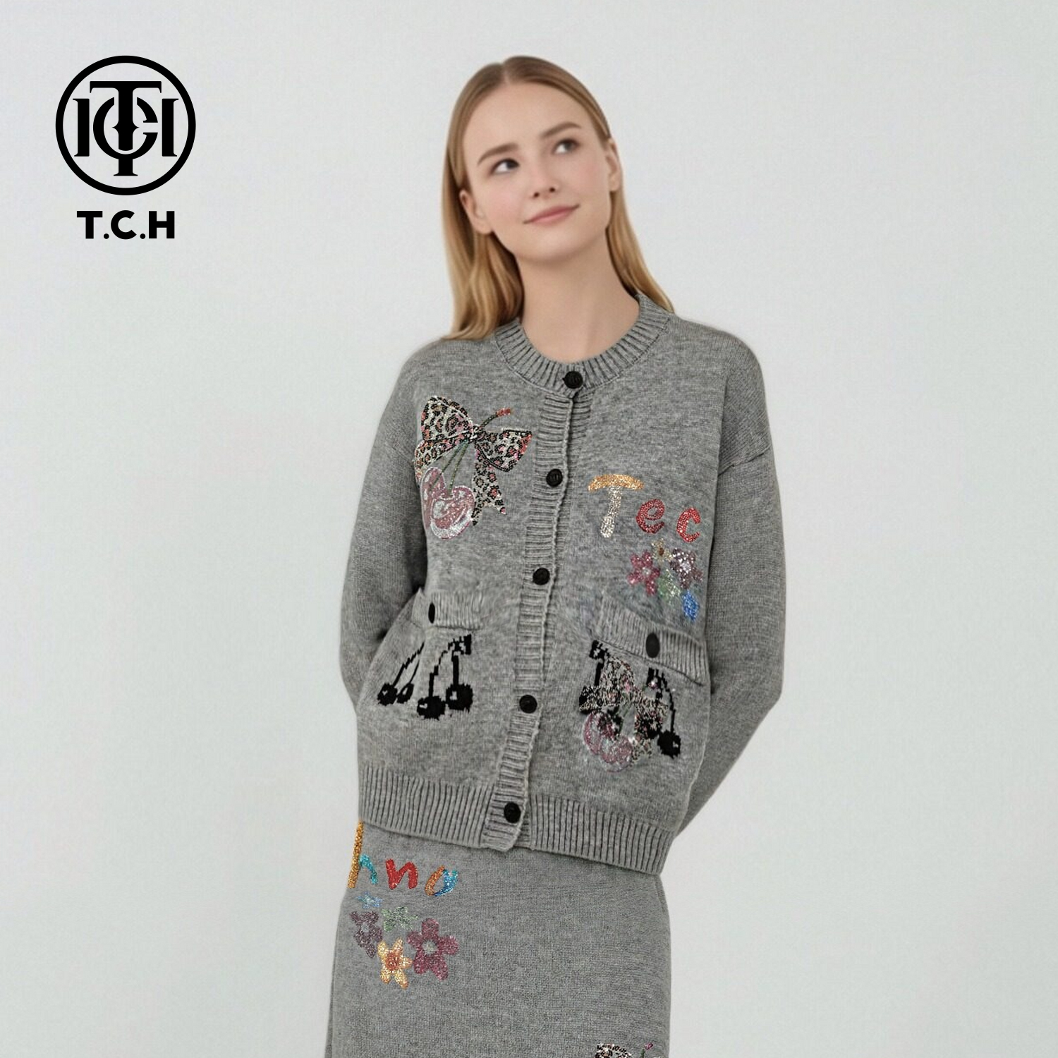 TCH-时尚潮牌烫钻针织灰色套装T75D07E1110