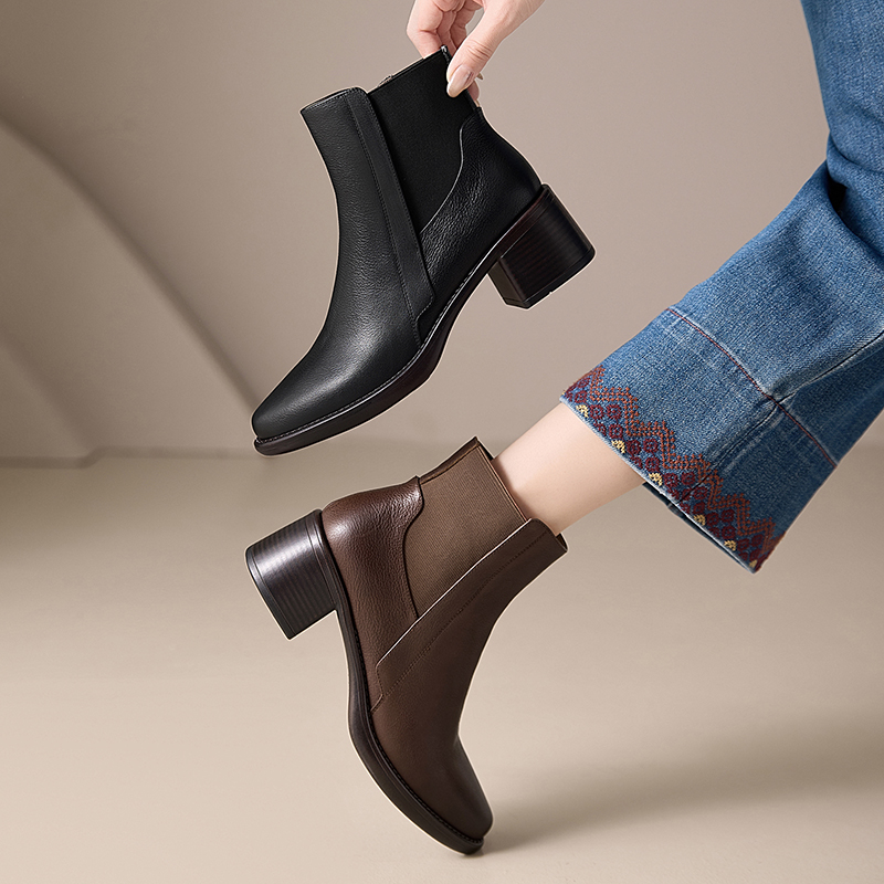 【5.5cm/牛皮】法式秋冬女靴中跟切尔西靴圆头短靴KT3320