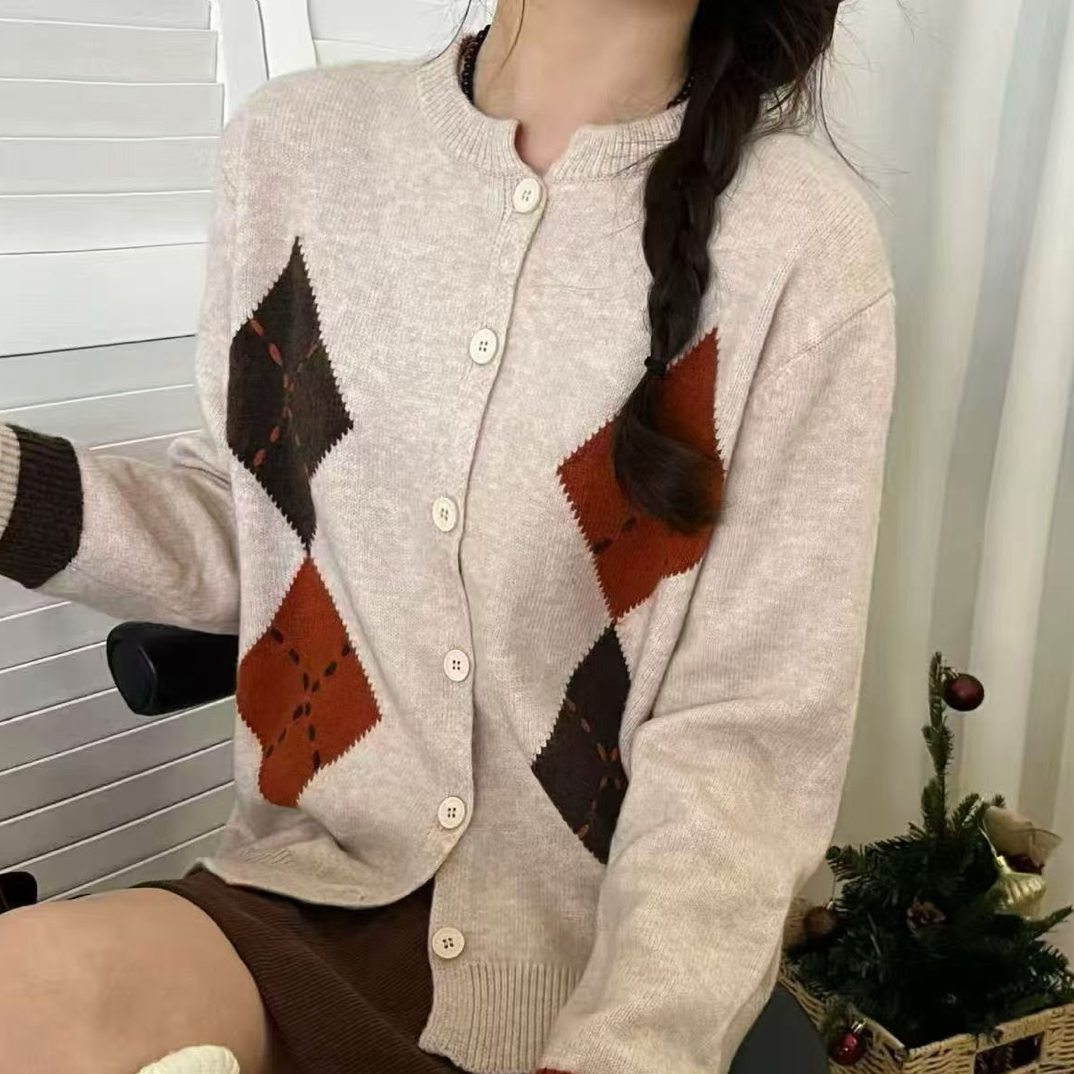 401秋冬新款休闲复古风圆领针织开衫上衣百搭显瘦