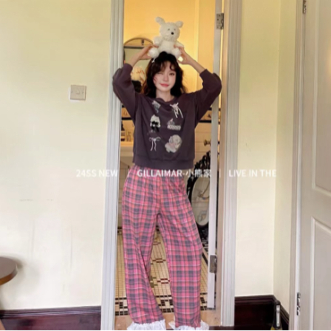 小熊家女秋新款可爱猫咪格子长袖长裤睡衣套装甜美百搭可外穿