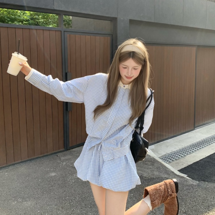 冷调锡蓝蓝格子套装翻领衬衫花苞裙短裙撞色系带上衣女