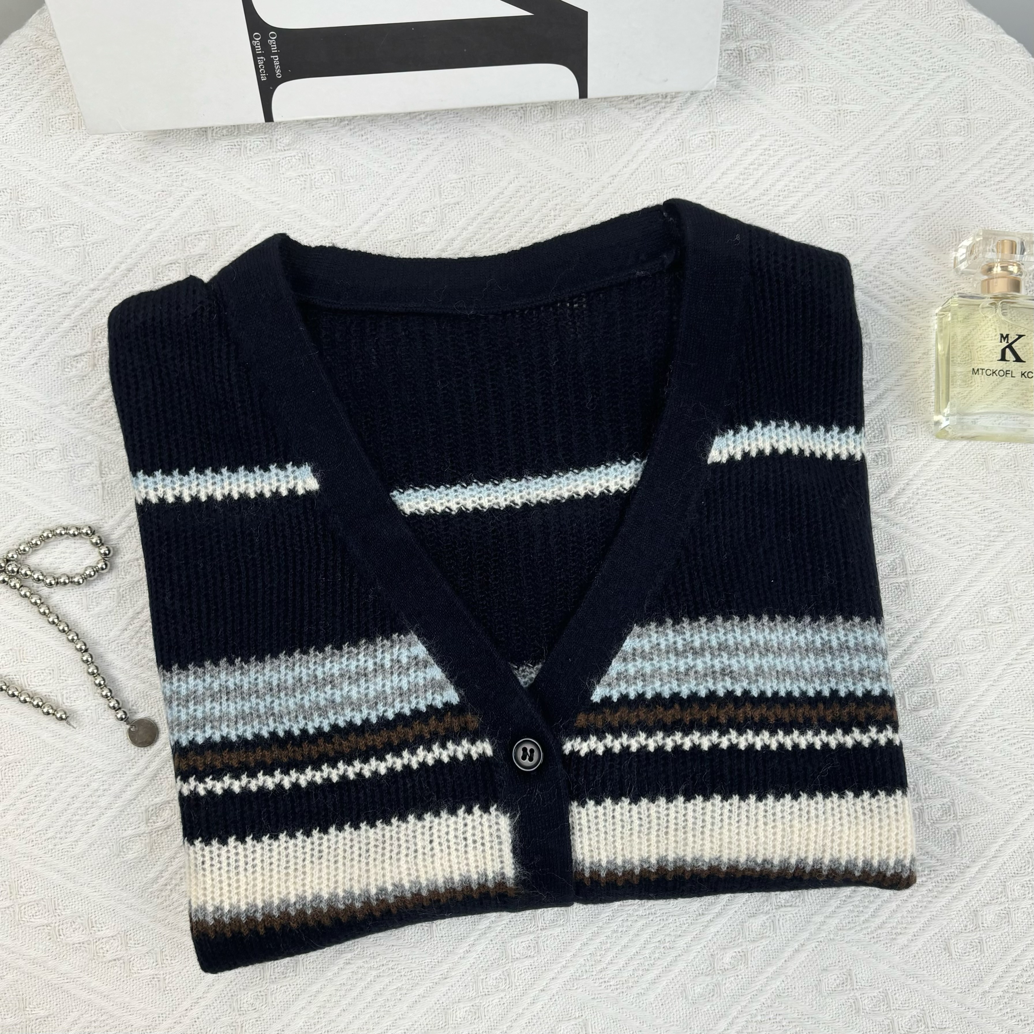 玲姐定制-藏青薄款V领条纹款针织开衫280310