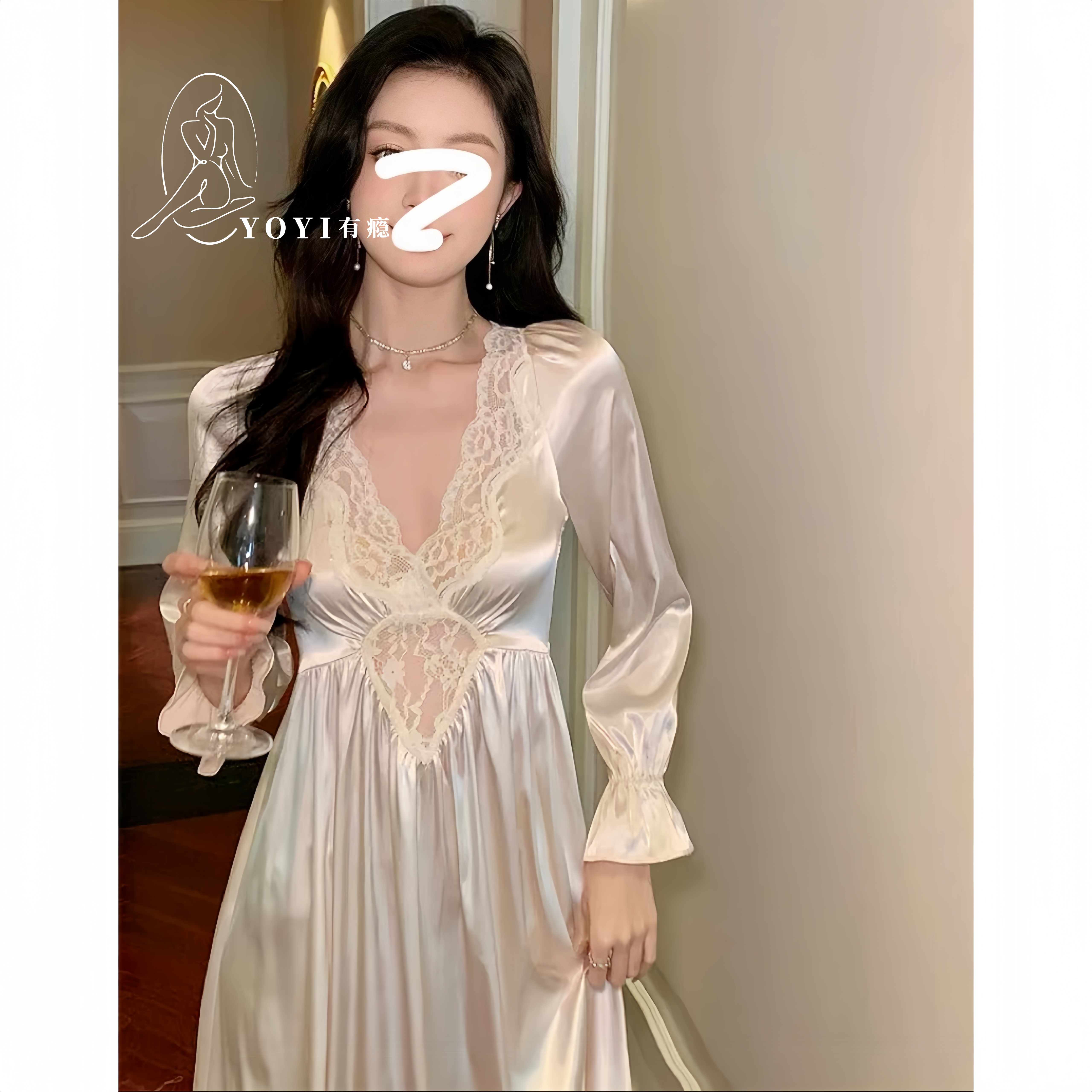 『有瘾YOYI』 未凤 蕾丝显瘦胸垫睡裙复古法式长款仙女裙冰雪睡衣