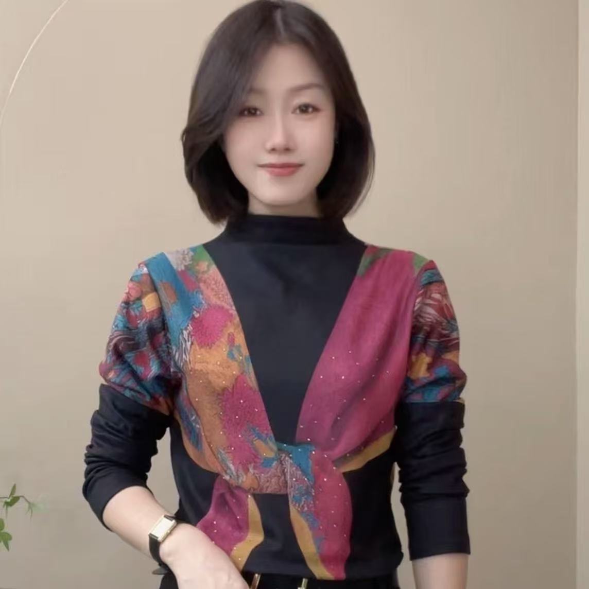 2025秋冬新品女士拼色印花长袖半高领百搭洋气时尚修身女