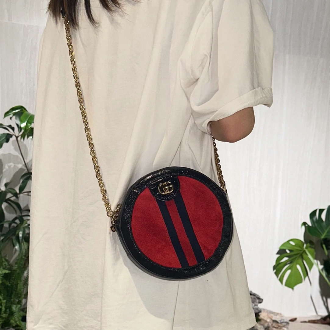 95新 GUCCI/古驰 95新-金标logo ophidia麂皮圆饼 红拼黑