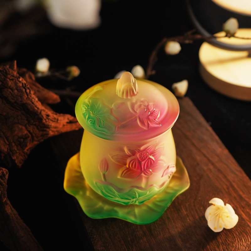 首饰盒/箱 手工琉璃莲花杯供供带底座带盖LLT001