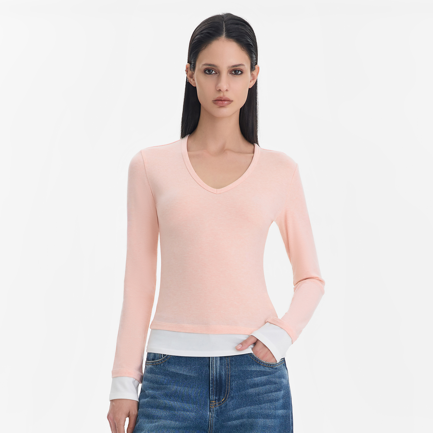 CALLED BACK长袖T恤女秋季新款时尚撞色修身打底针织上衣