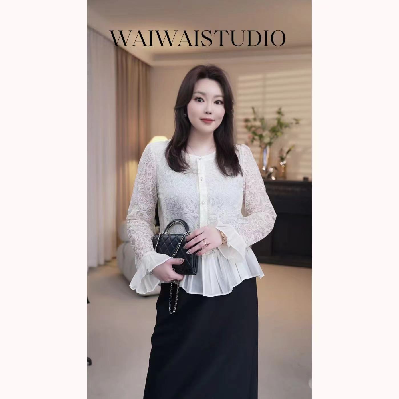 【北欧海岛】显瘦圆领蕾丝刺绣荷叶边衬衫上衣 GC51S284