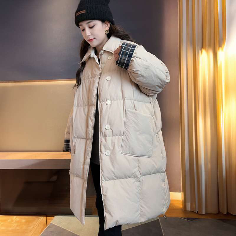 大码羽绒服女200斤长款时尚2025年冬新款加厚撞色拼拼白鸭绒外套