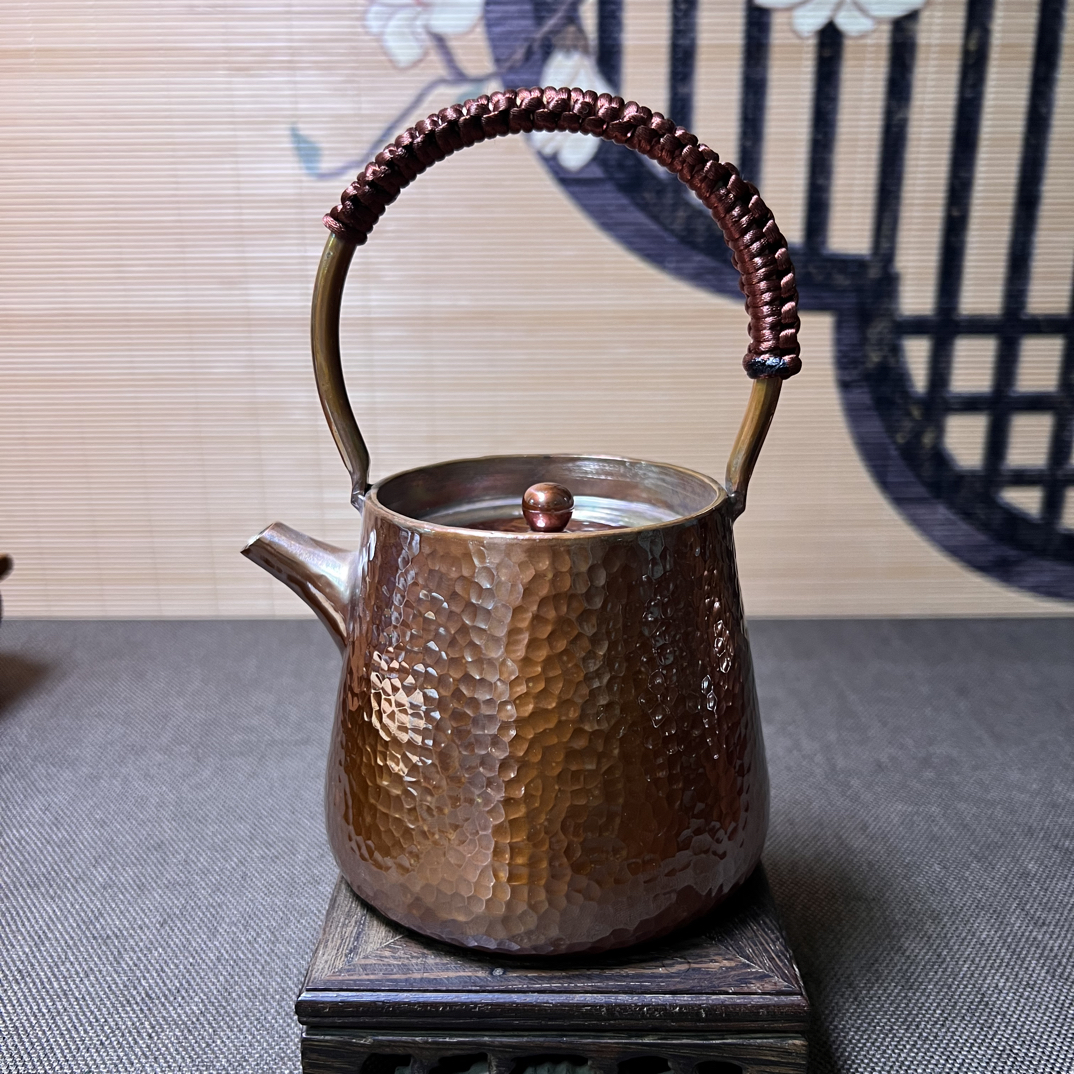 纯紫铜提梁烧水壶，烤色紫铜泡茶壶，容量450ml 宽底提梁壶