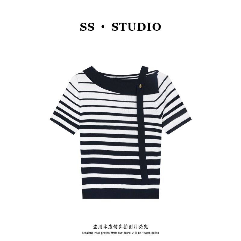 【SUSU】条纹撞色气质显瘦一字领短袖针织上衣SS-5387