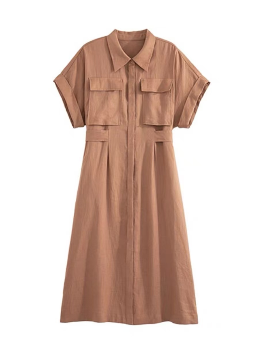 索菲丝尔2025夏新款时尚气质宽松百搭天丝亚麻大码收腰短袖连衣裙