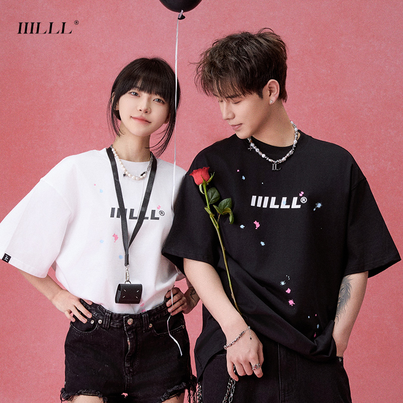 IIILLL童锦程重磅T恤男夏泼墨印花logo纯棉宽松高街潮牌情侣短袖