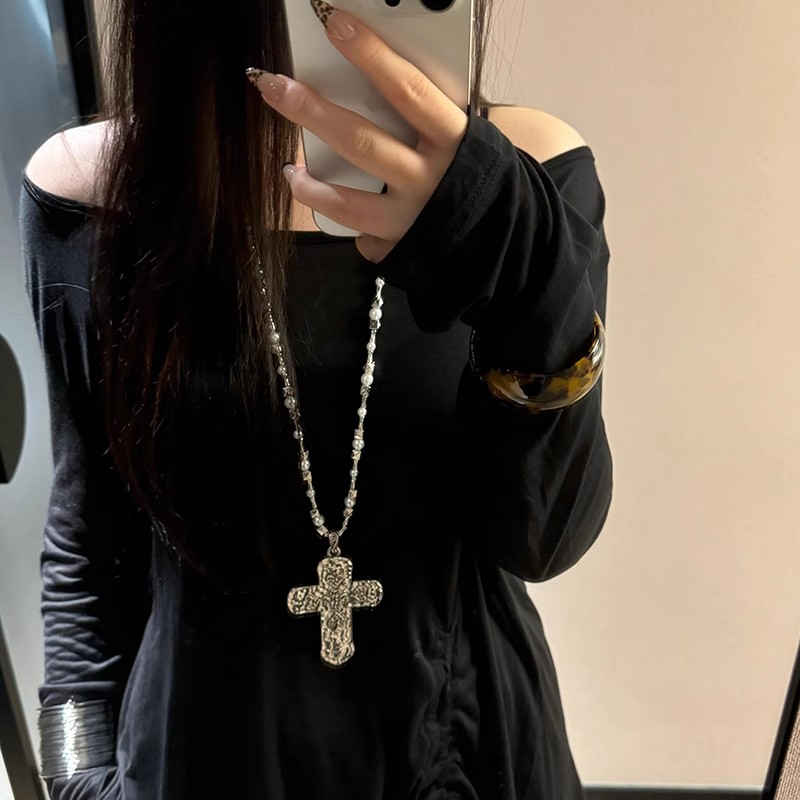 哥特十字架长款项链重工Y2K亚文化少女Lolita珍珠颈链卫衣链配饰