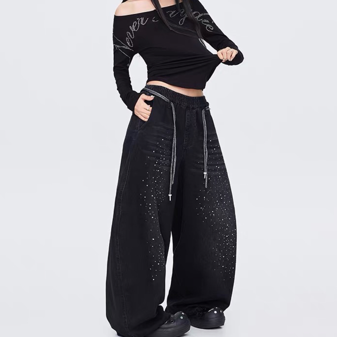 秋季新款重工手工钉珠烫钻渐变晕染弯刀阔腿长裤宽松运动跳舞裤子