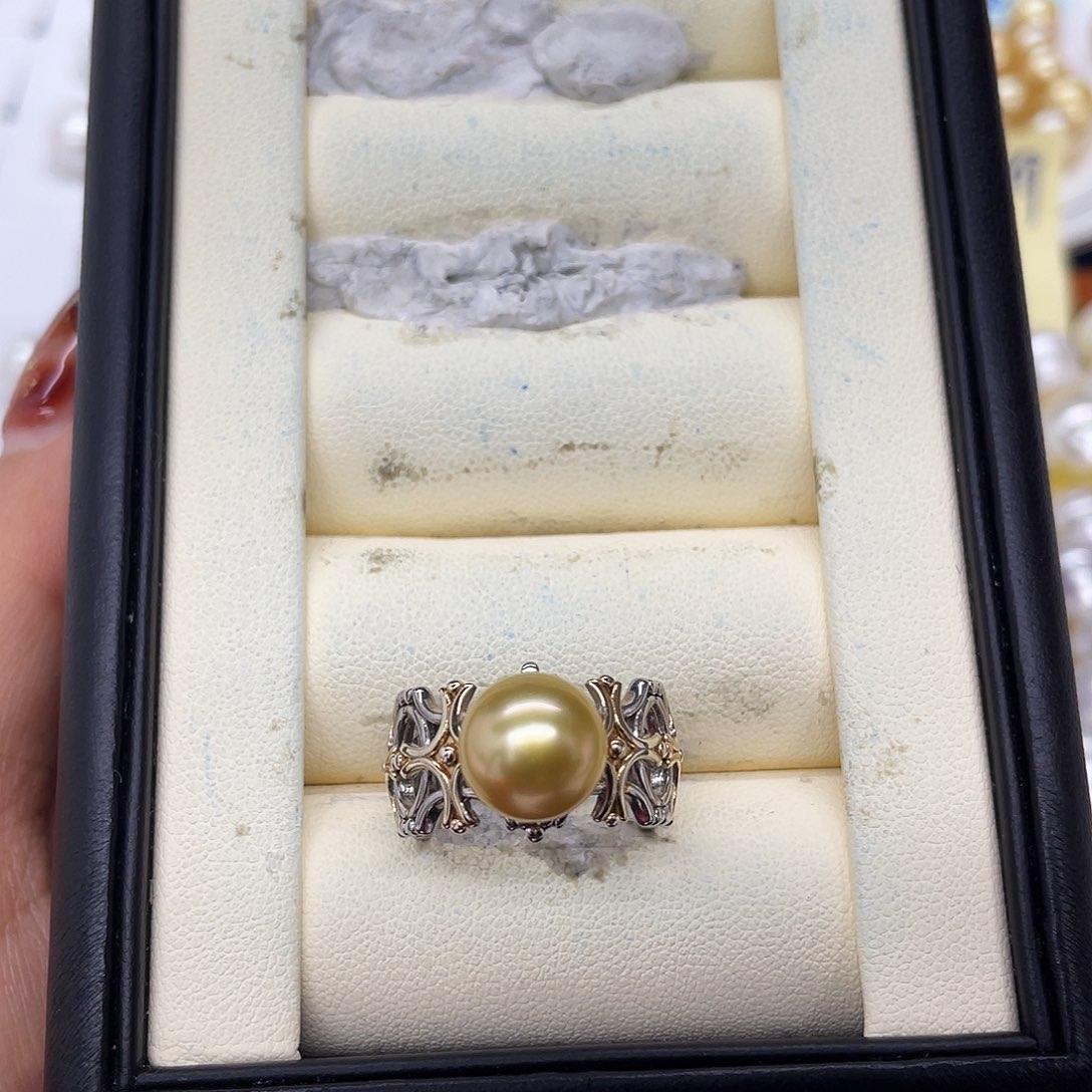 戒指银S925镶嵌海水珍珠正圆金珠浓金戒指