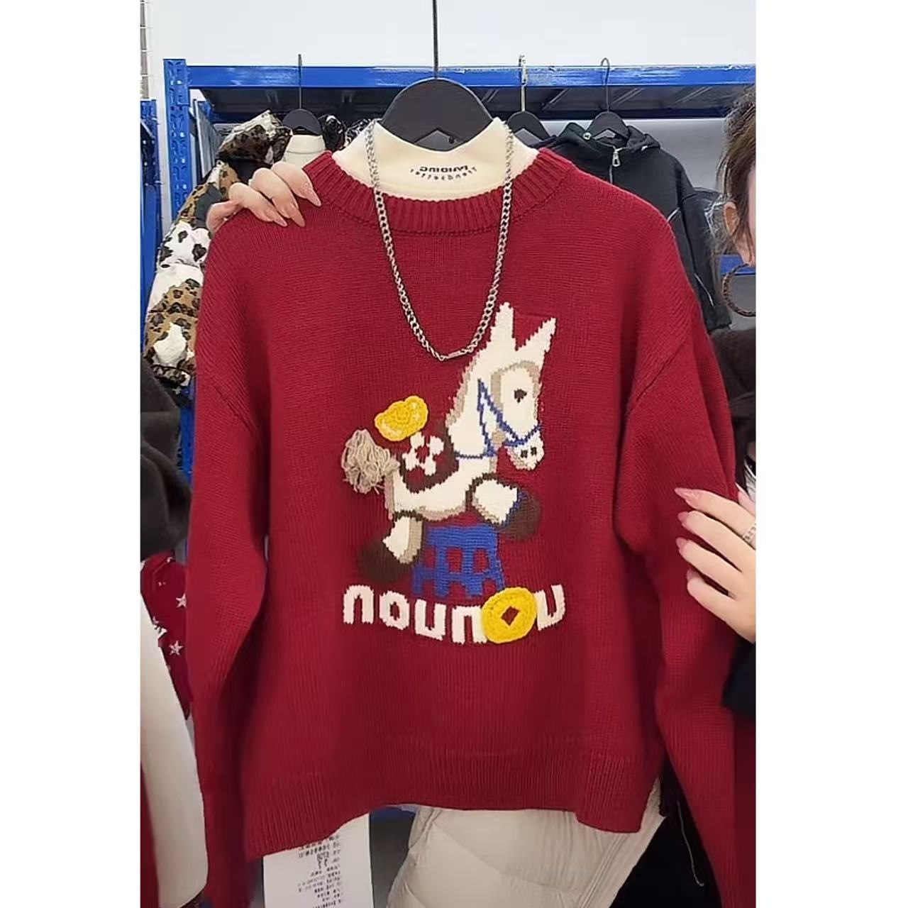 蛋蛋家【马上有钱】122401冬季新款儿童红色马上有钱套头毛衣