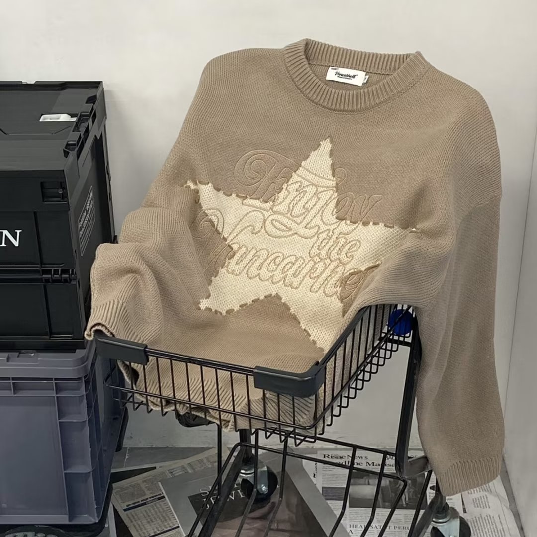 美式oversize人像贴布潮牌男女宽松针织长袖秋季情侣暗黑高街上衣