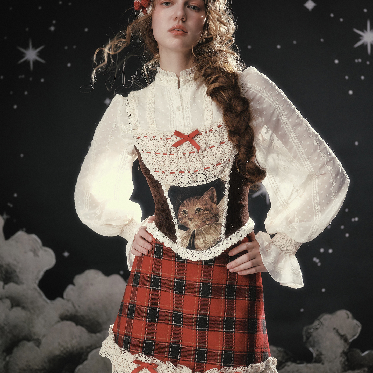 LaceMade 木偶猫的圣诞夜 法式田园少女日常通勤鱼骨胸衣半裙套装