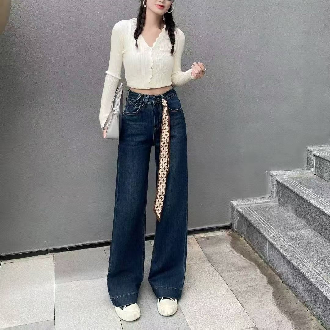 早秋0233高腰高弹显瘦窄版宽边直筒牛仔裤时尚百搭显高送丝带