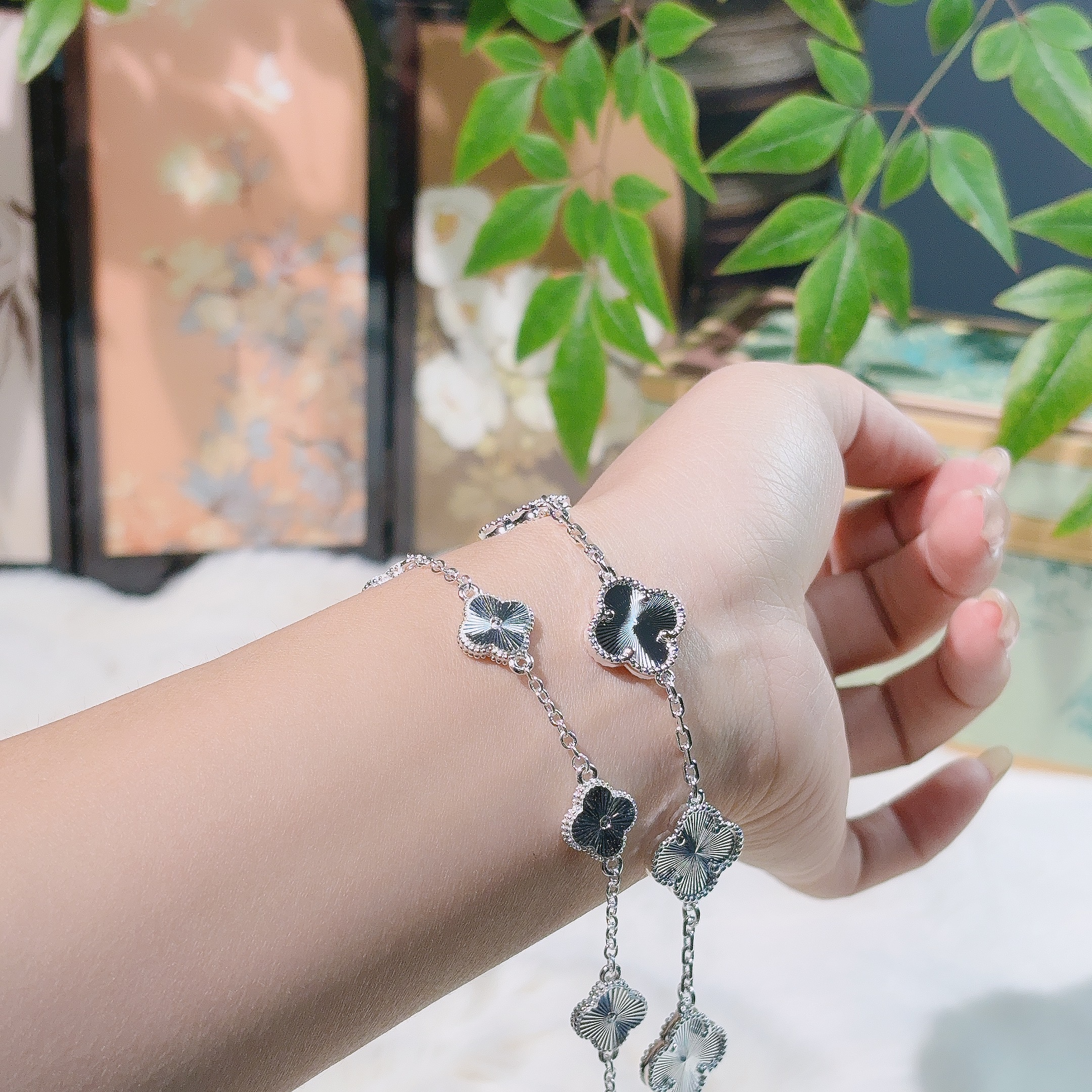 足银珐琅手镯 【银川银楼】41足银999.9五花四叶草手链时尚简约百搭